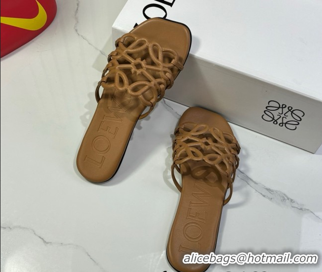 Sumptuous Loewe Petal Anagram flat slides sandal in soft calfskin Brown 0605088