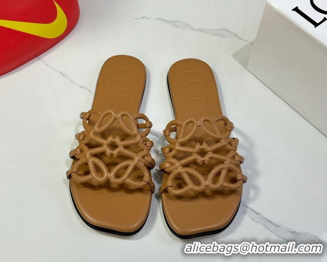 Sumptuous Loewe Petal Anagram flat slides sandal in soft calfskin Brown 0605088