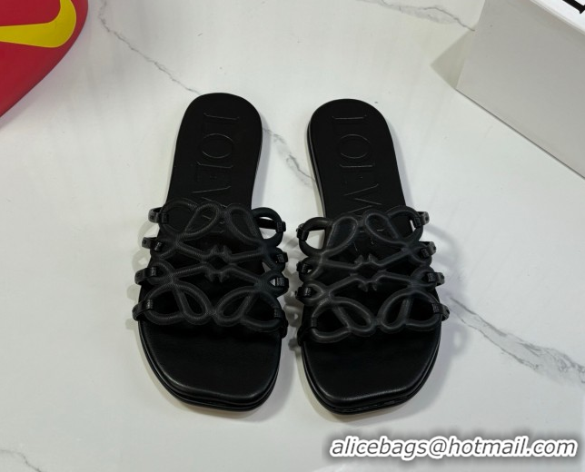 Good Looking Loewe Petal Anagram flat slides sandal in soft calfskin Black 0605089