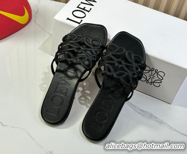 Good Looking Loewe Petal Anagram flat slides sandal in soft calfskin Black 0605089