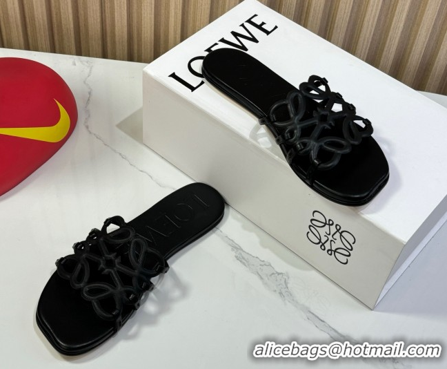 Good Looking Loewe Petal Anagram flat slides sandal in soft calfskin Black 0605089