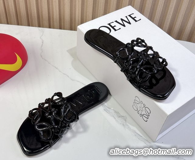 Most Popular Loewe Petal Anagram flat slides sandal in patent calfskin Black 0605090
