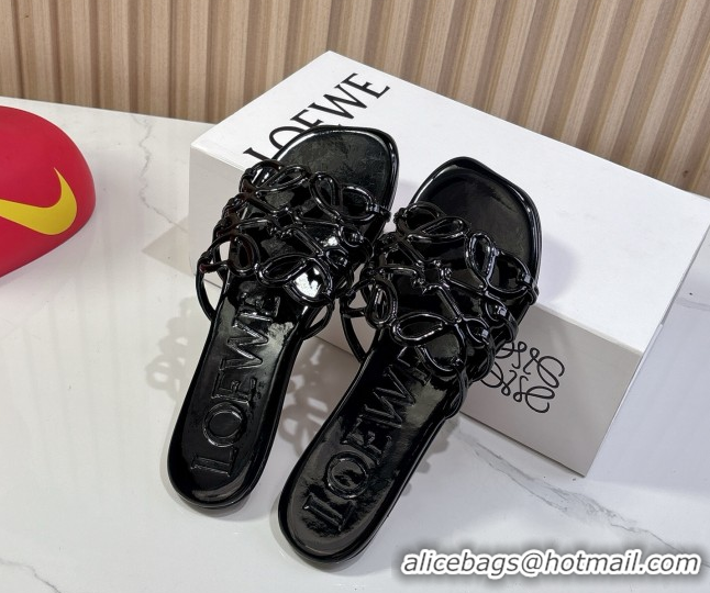 Most Popular Loewe Petal Anagram flat slides sandal in patent calfskin Black 0605090