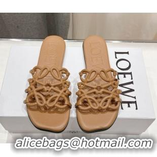 Luxurious Loewe Petal Anagram flat slides sandal in soft calfskin Light Brown 0605094