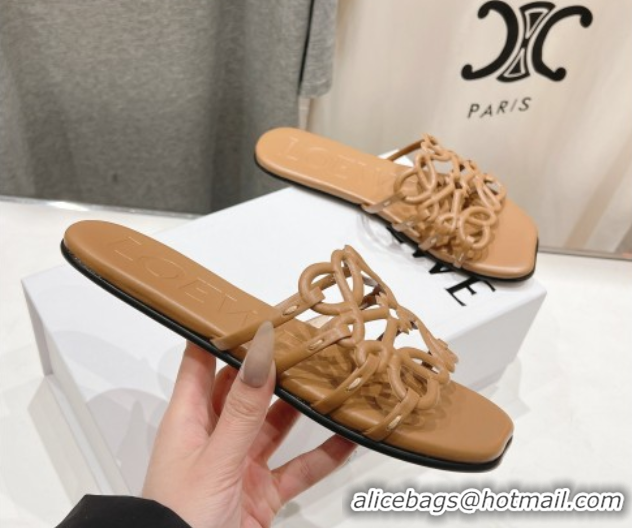 Luxurious Loewe Petal Anagram flat slides sandal in soft calfskin Light Brown 0605094