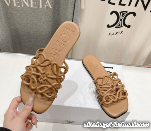 Luxurious Loewe Petal Anagram flat slides sandal in soft calfskin Light Brown 0605094
