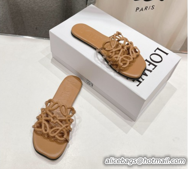 Luxurious Loewe Petal Anagram flat slides sandal in soft calfskin Light Brown 0605094