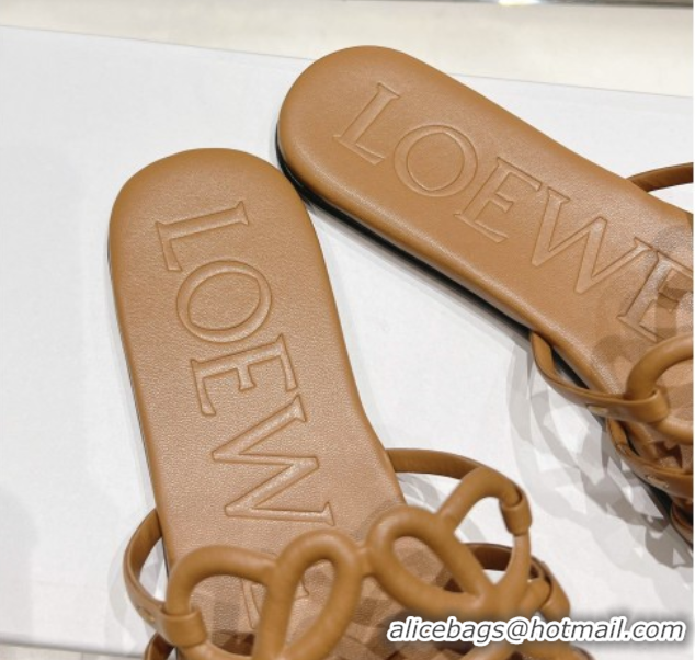 Luxurious Loewe Petal Anagram flat slides sandal in soft calfskin Light Brown 0605094