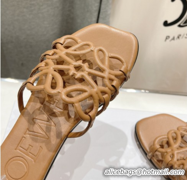 Luxurious Loewe Petal Anagram flat slides sandal in soft calfskin Light Brown 0605094