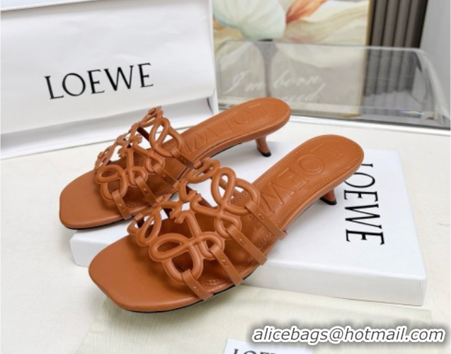 Popular Style Loewe Petal Anagram heel slides sandal 4.5cm in soft calfskin Brown 0605096