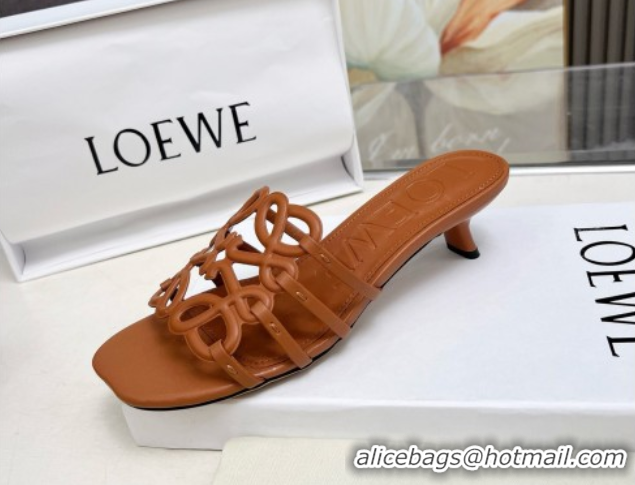 Popular Style Loewe Petal Anagram heel slides sandal 4.5cm in soft calfskin Brown 0605096