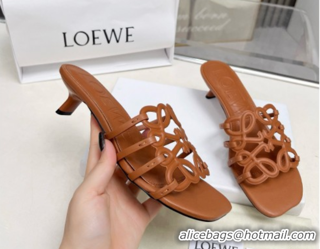 Popular Style Loewe Petal Anagram heel slides sandal 4.5cm in soft calfskin Brown 0605096