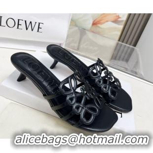 Shop Duplicate Loewe Petal Anagram heel slides sandal 4.5cm in soft calfskin Black 0605098