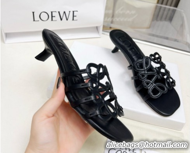 Shop Duplicate Loewe Petal Anagram heel slides sandal 4.5cm in soft calfskin Black 0605098