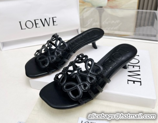 Shop Duplicate Loewe Petal Anagram heel slides sandal 4.5cm in soft calfskin Black 0605098