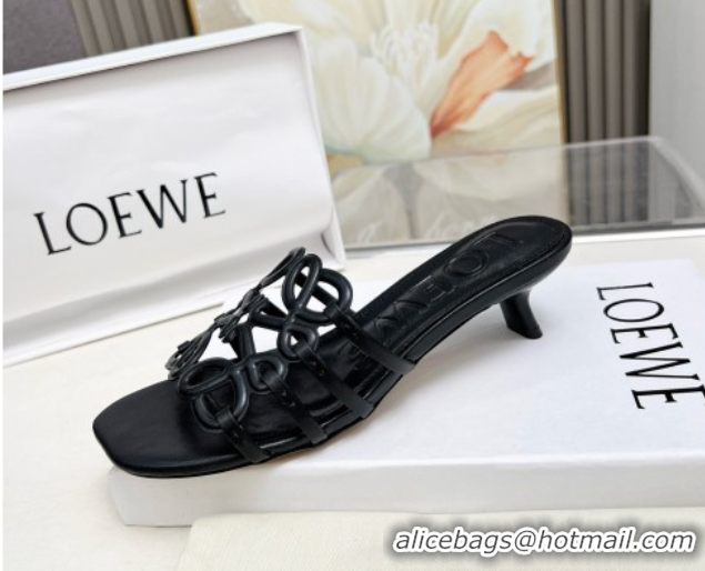 Shop Duplicate Loewe Petal Anagram heel slides sandal 4.5cm in soft calfskin Black 0605098
