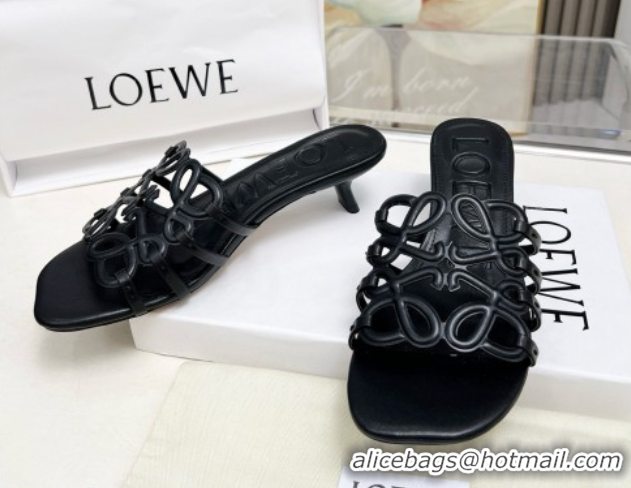 Shop Duplicate Loewe Petal Anagram heel slides sandal 4.5cm in soft calfskin Black 0605098
