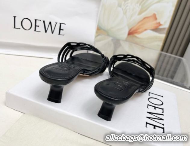 Shop Duplicate Loewe Petal Anagram heel slides sandal 4.5cm in soft calfskin Black 0605098