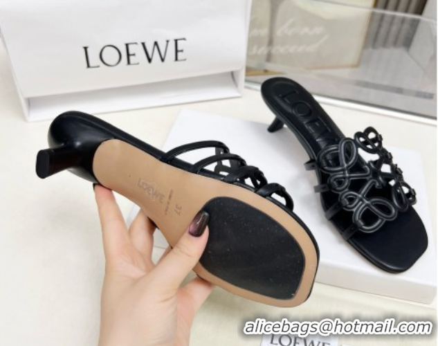 Shop Duplicate Loewe Petal Anagram heel slides sandal 4.5cm in soft calfskin Black 0605098