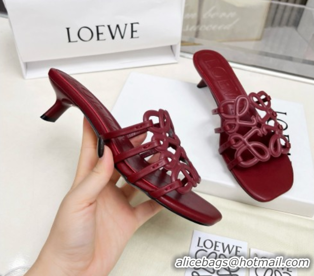 Cheap Price Loewe Petal Anagram heel slides sandal 4.5cm in soft calfskin Dark Burgundy 0605102
