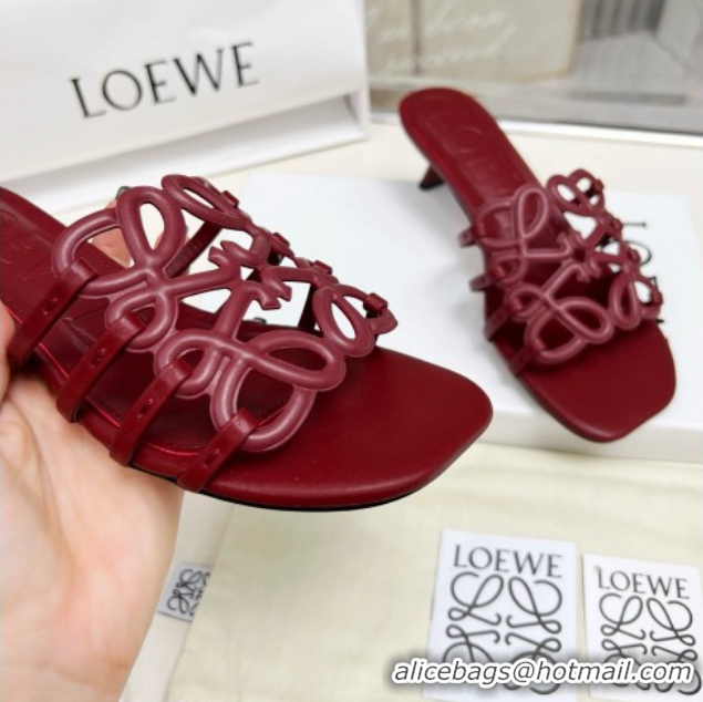 Cheap Price Loewe Petal Anagram heel slides sandal 4.5cm in soft calfskin Dark Burgundy 0605102