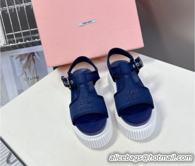 Sumptuous Miu Miu Canvas Platform Sandals 4.5cm Navy Blue MIU060301