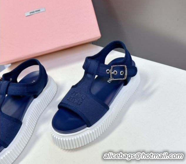 Sumptuous Miu Miu Canvas Platform Sandals 4.5cm Navy Blue MIU060301