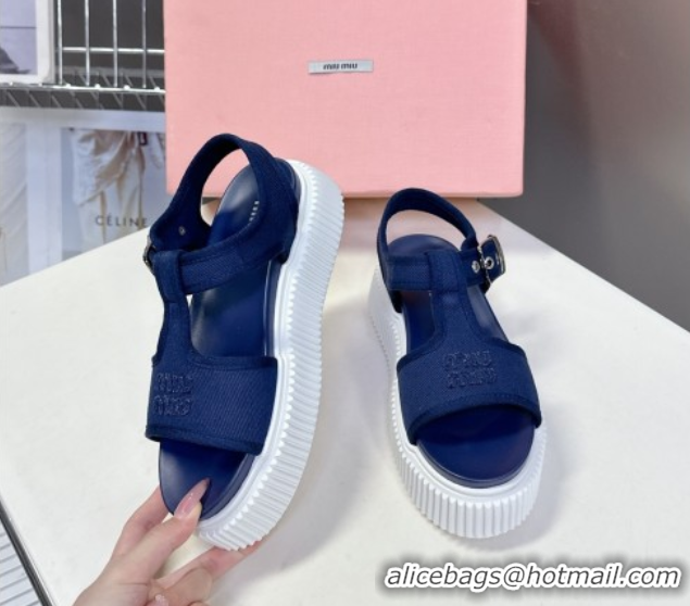 Sumptuous Miu Miu Canvas Platform Sandals 4.5cm Navy Blue MIU060301