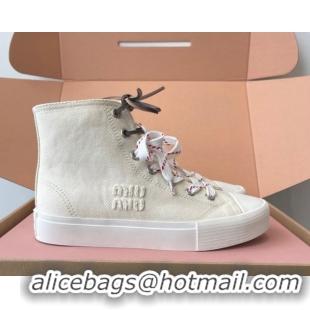 Grade Quality Miu Miu Washed Denim High-top Sneakers White 2025 5E384E