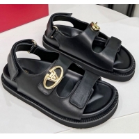 Best Grade Valentino VLogo Locker Flat Strap Sandals in Leather Black 2025 VLTN02254