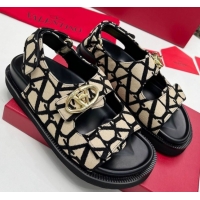 Good Quality Valentino VLogo Locker Flat Strap Sandals in Toile Iconographe Fabric Beige 2025 VLTN02254
