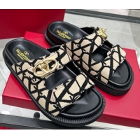 Grade Quality Valentino VLogo Locker Flat Strap Slides Sandal in Toile Iconographe Fabric Beige 2025 VLTN02254