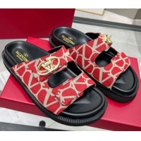 Most Popular Valentino VLogo Locker Flat Strap Slides Sandal in Toile Iconographe Fabric Red 2025 VLTN02254