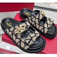 Luxurious Valentino VLogo Locker Flat Strap Slides Sandal in Toile Iconographe Fabric Grey 2025 VLTN02254