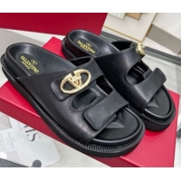 Pretty Style Valentino VLogo Locker Flat Strap Slides Sandal in Leather Black 2025 VLTN02254
