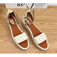 Best Grade Valentino Vlogo Platform Espadrille Sandals in Grained Calfskin White 0426100
