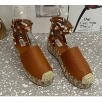 Popular Style Valentino Rockstud Platform Espadrilles in Grained Calfskin with Ankle Strap Brown 50426105