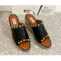 Top Design Valentino Rockstud Wedge Espadrille Slides Sandal in Grained Calfskin Black 0426107