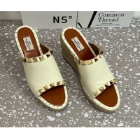 Low Cost Valentino Rockstud Wedge Espadrille Slides Sandal in Grained Calfskin White 0426109
