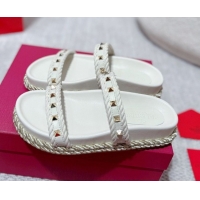 Top Grade Valentino Rockstud Flat Slides Sandal in Calfskin and Cord White 2025 VLTN042801