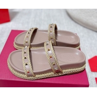 Duplicate Valentino Rockstud Flat Slides Sandal in Calfskin and Cord Dusty Pink 2025 VLTN042801