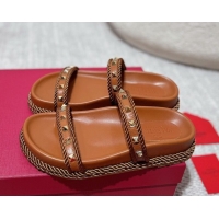 Charming Valentino Rockstud Flat Slides Sandal in Calfskin and Cord Brown2 2025 VLTN042801