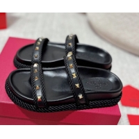 Classic Valentino Rockstud Flat Slides Sandal in Calfskin and Cord Black 2025 VLTN042801
