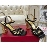 Popular Style Valentino Preshoes Heel Sandals 9cm in Laminated Snakeskin Embossed Leather Black 0428007