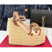 Purchase Valentino VLogo Signature Cherryfic Wedge Sandals 12cm in Jacquard Synthetic Raffia and Rope Brown 0428014