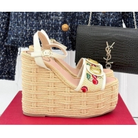 Top Grade Valentino VLogo Signature Cherryfic Wedge Sandals 12cm in Jacquard Synthetic Raffia and Rope White 0428015