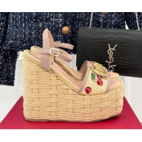 Most Popular Valentino VLogo Signature Cherryfic Wedge Sandals 12cm in Jacquard Synthetic Raffia and Rope Dusty Pink 042