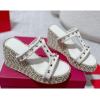 Perfect Valentino Rockstud Wedge Slides Sandal 10cm in Nappa Leather and Rope White 2025 VLTN042802