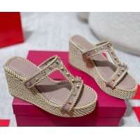 Unique Style Valentino Rockstud Wedge Slides Sandal 10cm in Nappa Leather and Rope Dusty Pink 2025 VLTN042802
