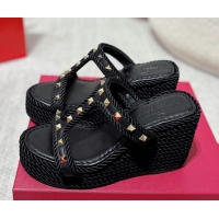 Low Price Valentino Rockstud Wedge Slides Sandal 10cm in Nappa Leather and Rope Black 2025 VLTN042802
